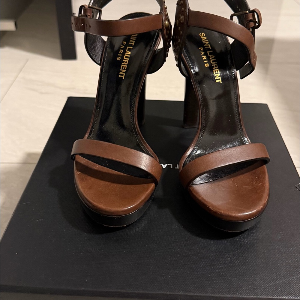 Saint Laurent Brown Leather Studded Platform Heel Sandal - Picture 11 of 11